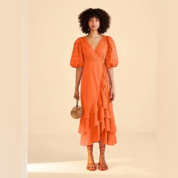 FARM Rio Dresses & Skirts - Farm Rio • Orange Ruffles Wrap Midi Dress